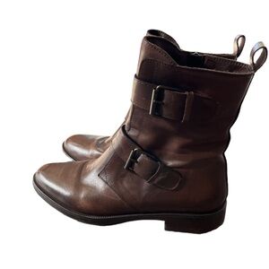 Emanuele Crasto Womens Buckle Detail Brown Leather Boots Mid Calf Size 10 EU 41